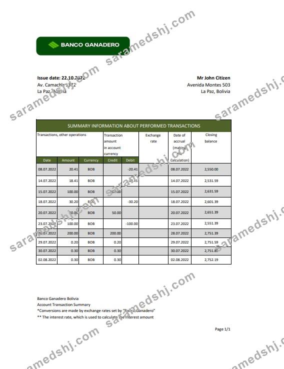 Bolivia Banco Ganadero bank statement template in Excel and PDF format